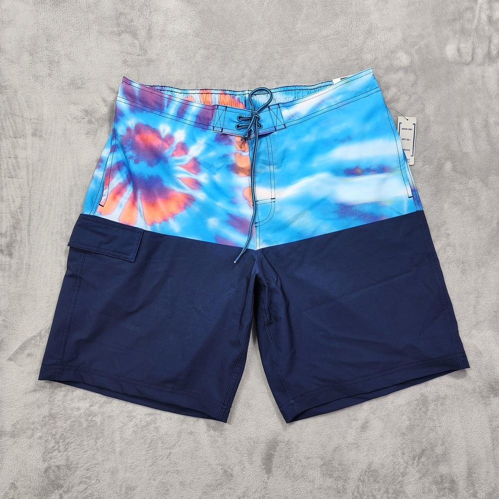 NEW George Board Shorts Mens L Blue Tie Dye Lined Stretch Drawstring Pockets‎